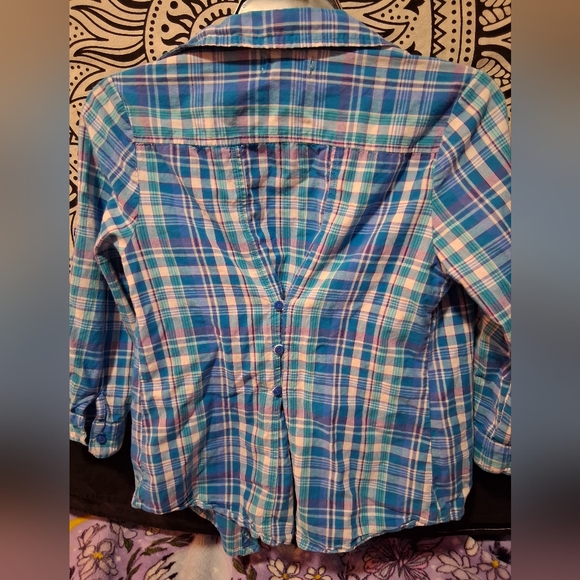 OP Blue Plaid Women's Button Down Shirt - Picture 3 of 4